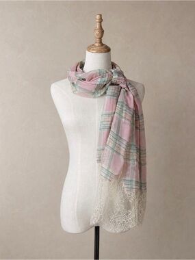 Ralph Lauren Collection Silk Chiffon Lace Trim Scarf Georgia Pink Plaid | 66”